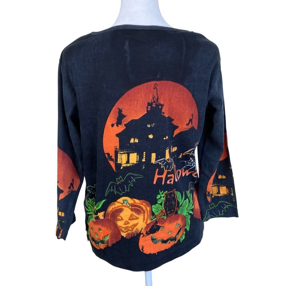 Vintage Jane Ashley Sz M Halloween Shirt Black Orange Beaded Haunted House - Picture 3 of 15